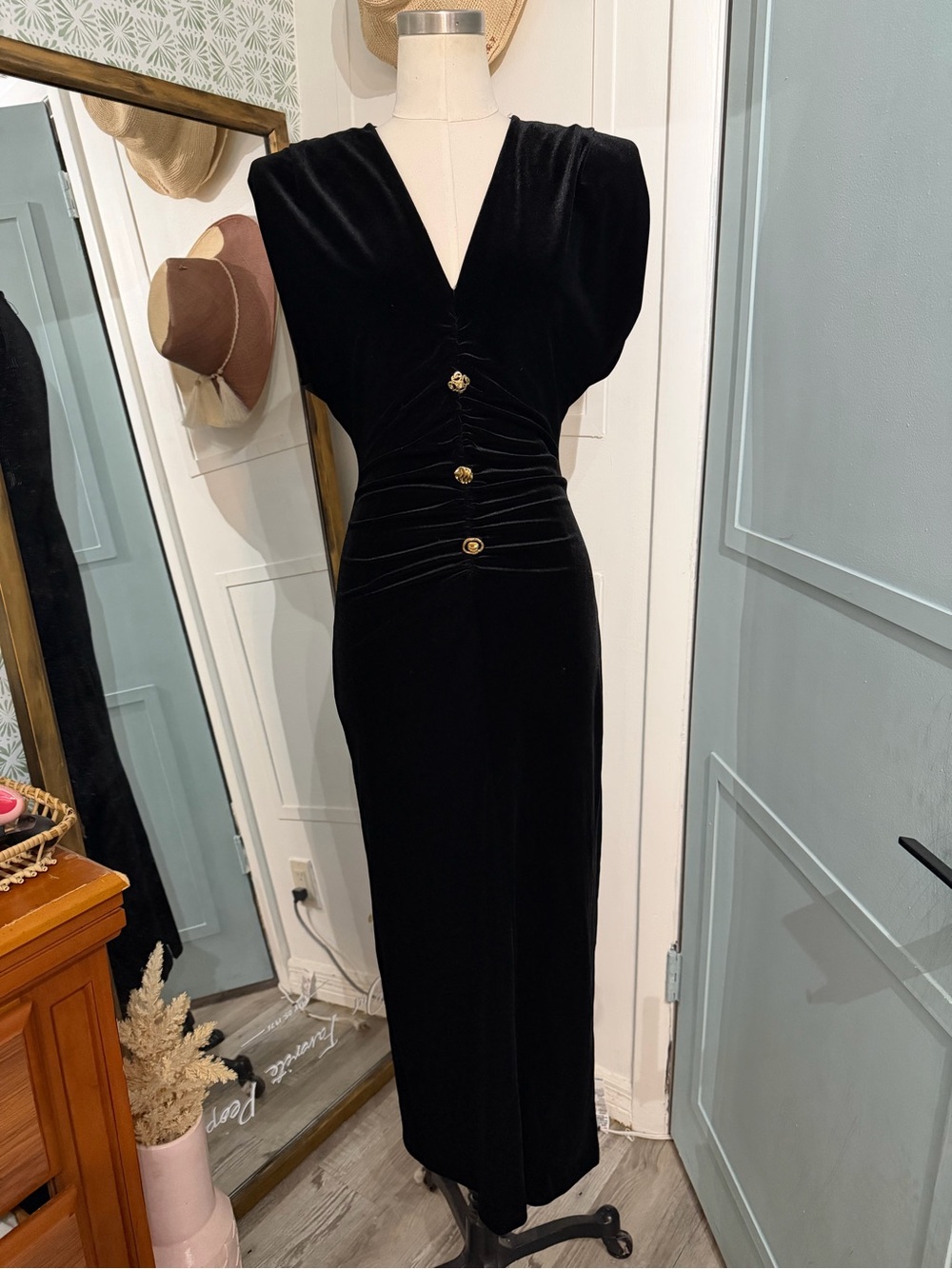ZARA Black Velvet Ruched Midi Dress Gold Button V Neck